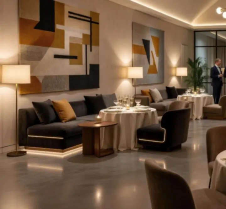 Elegáns, modern lounge tér dekorált asztalokkal születésnapi ünnepséghez