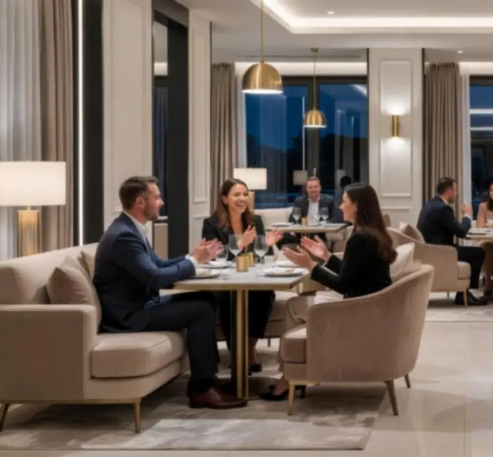 Modern Lounge Hall elegáns, esti enteriőrje meleg fényekkel