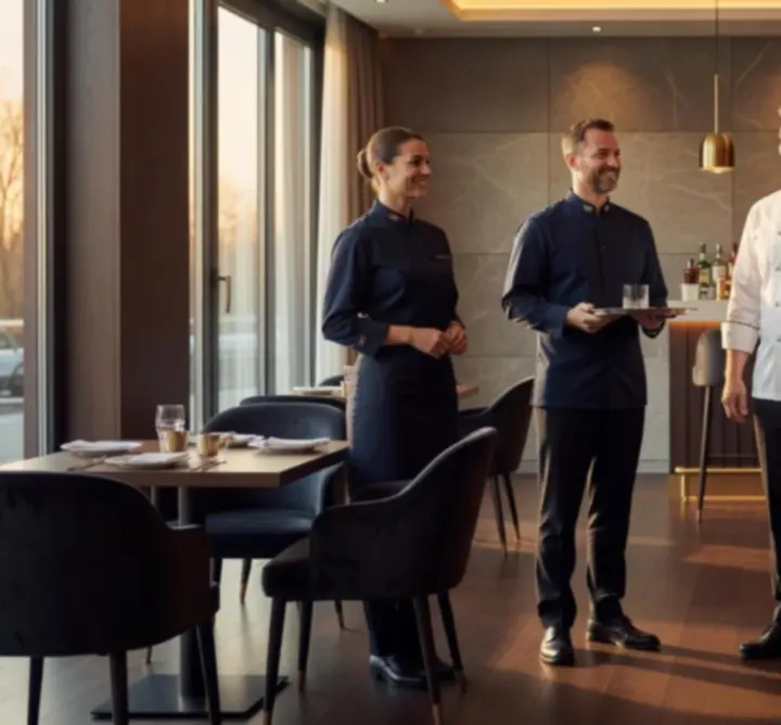 A Modern Lounge Hall mosolygó chefjei és vendéglátó csapata a konyhában