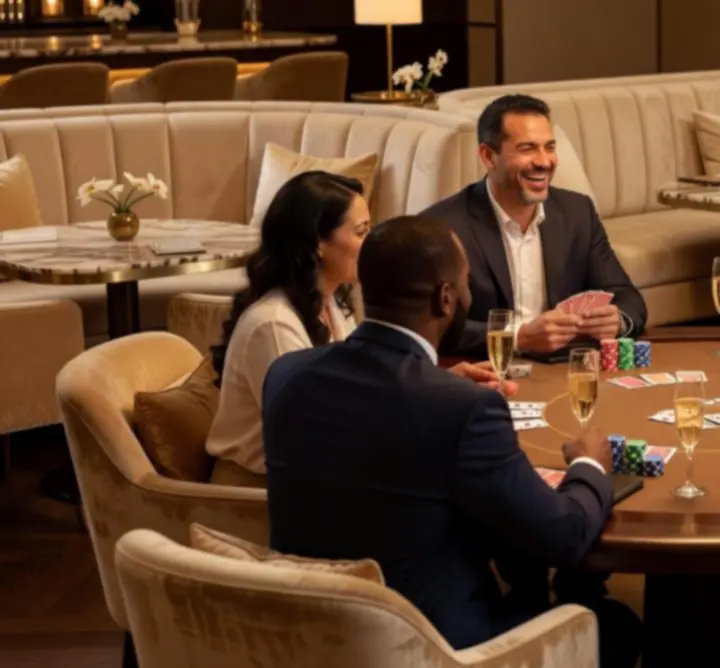 Vendégek beszélgetnek egy stílusos pókerasztal körül a Modern Lounge Hall lounge terében