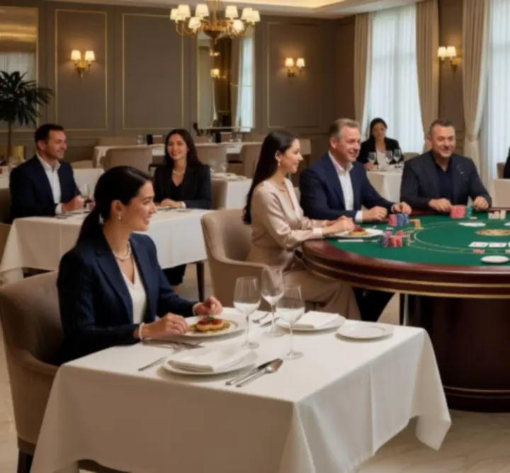 Pókerasztalok elegánsan beillesztve a Modern Lounge Hall éttermi környezetébe.