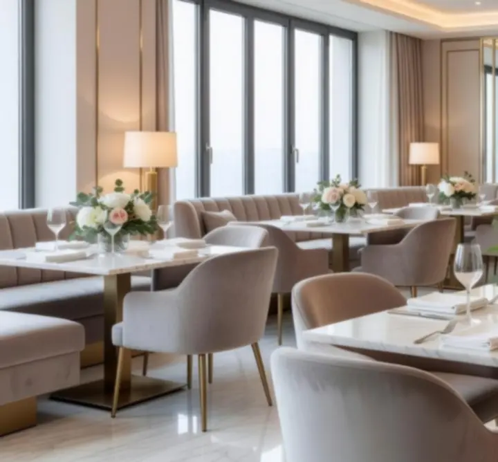 Modern Lounge Hall elegáns, világos éttermi enteriőr meleg fényekkel